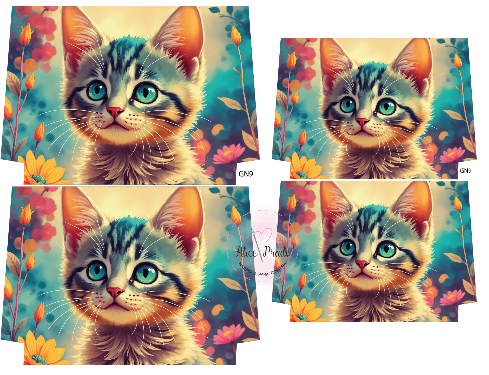 Imagem digital de rosto de gato cinza com olhos azuis e flores coloridas em fundo azul