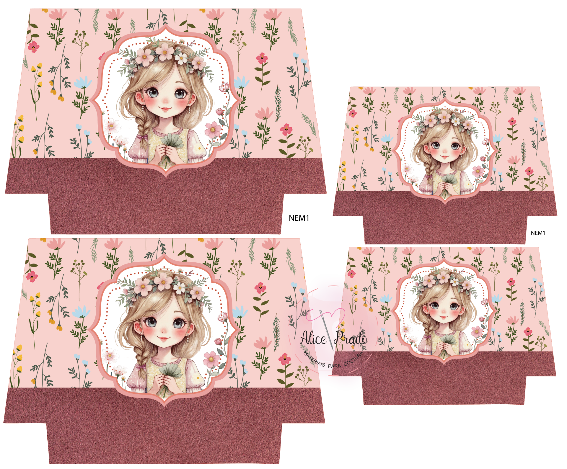 Padrão para caixa de papel com ilustração de menina e flores