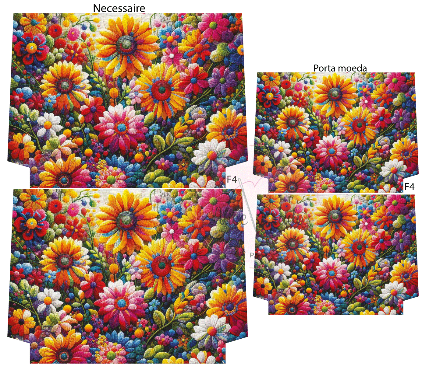 Conjunto de necessaire, porta-moeda e bolsa média com padrão floral colorido em fundo escuro