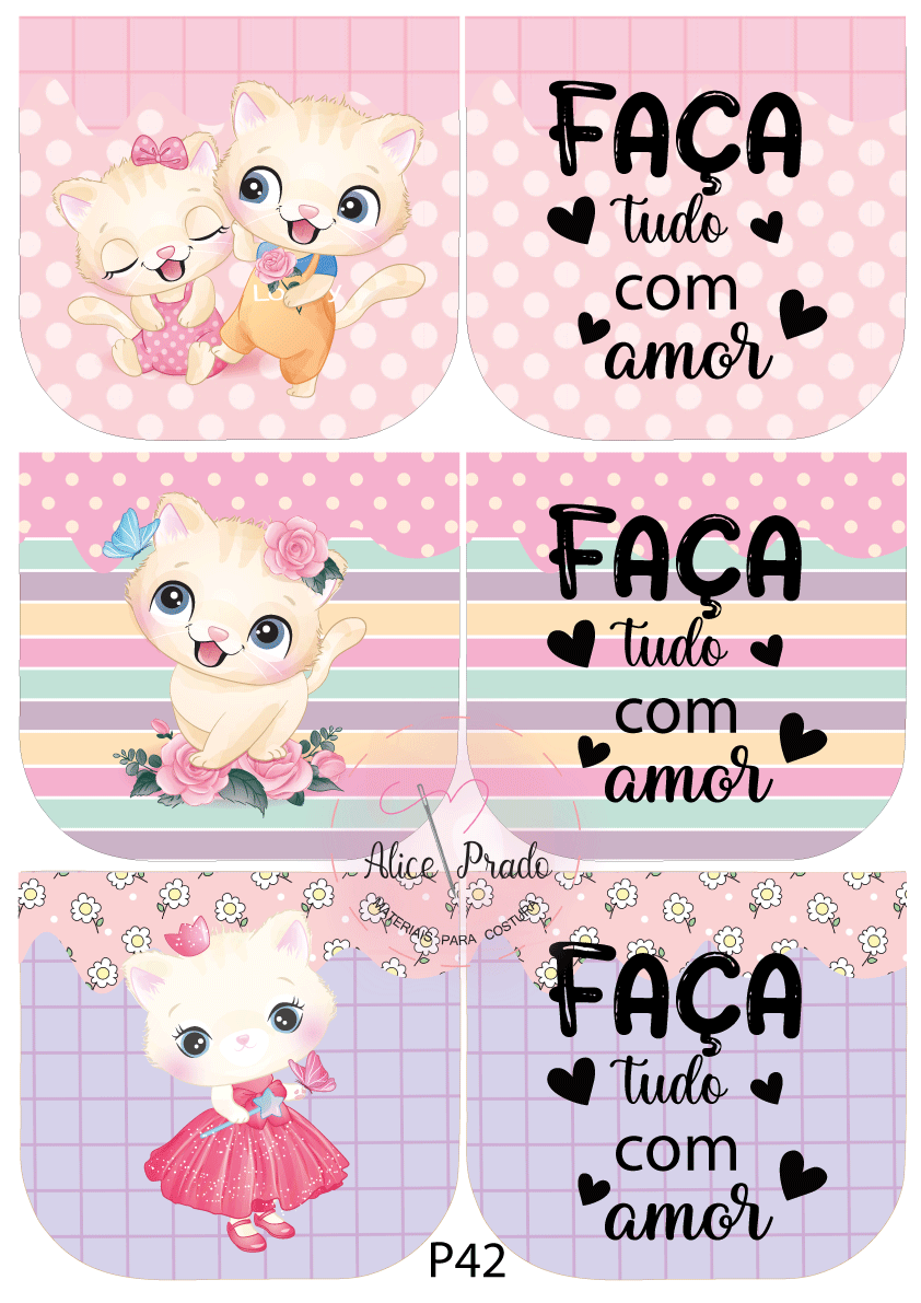 Capas decorativas com desenhos de gatos e texto 