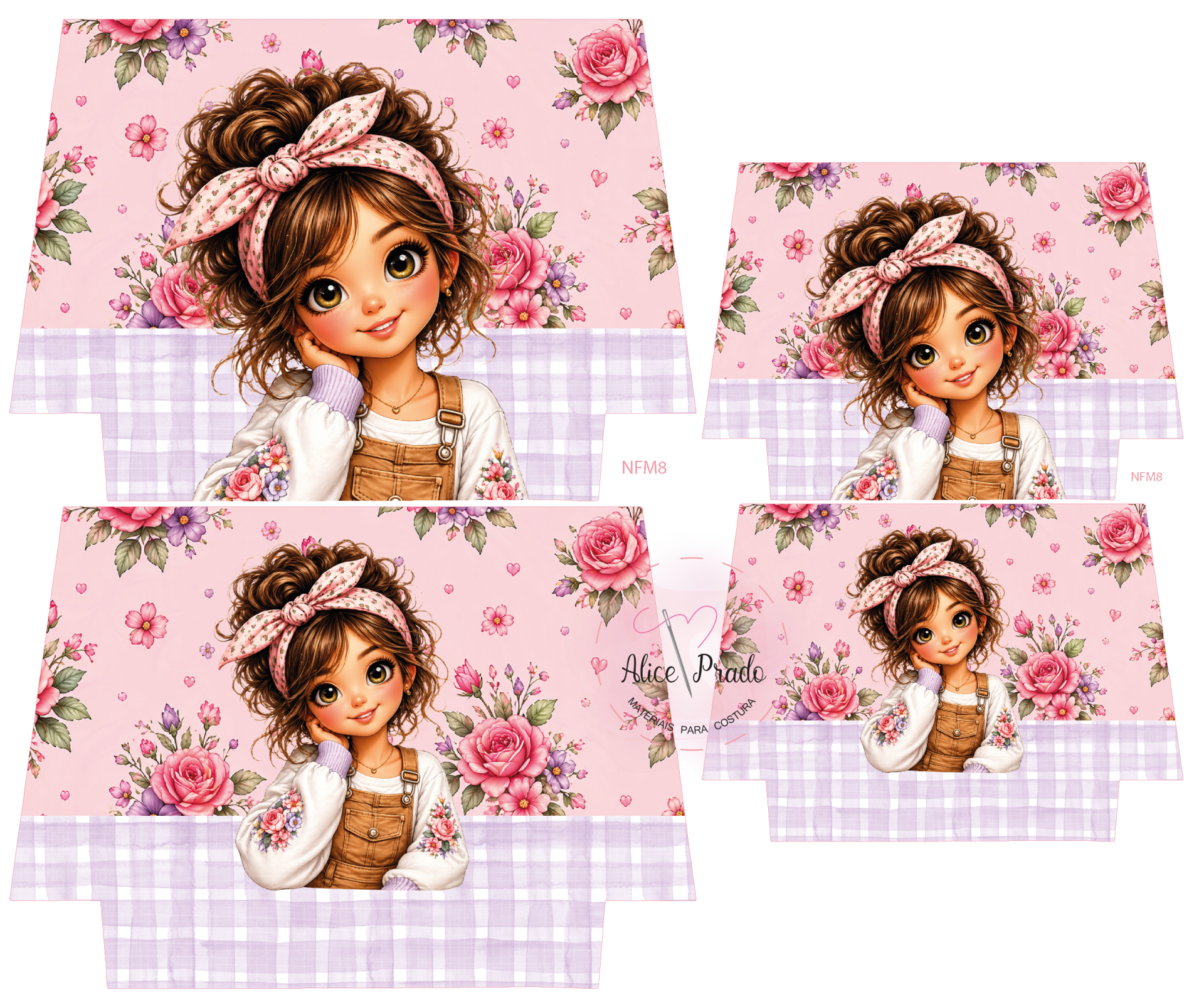 Menina ilustrada com laço rosa e fundo floral cor-de-rosa com padrão xadrez lilás