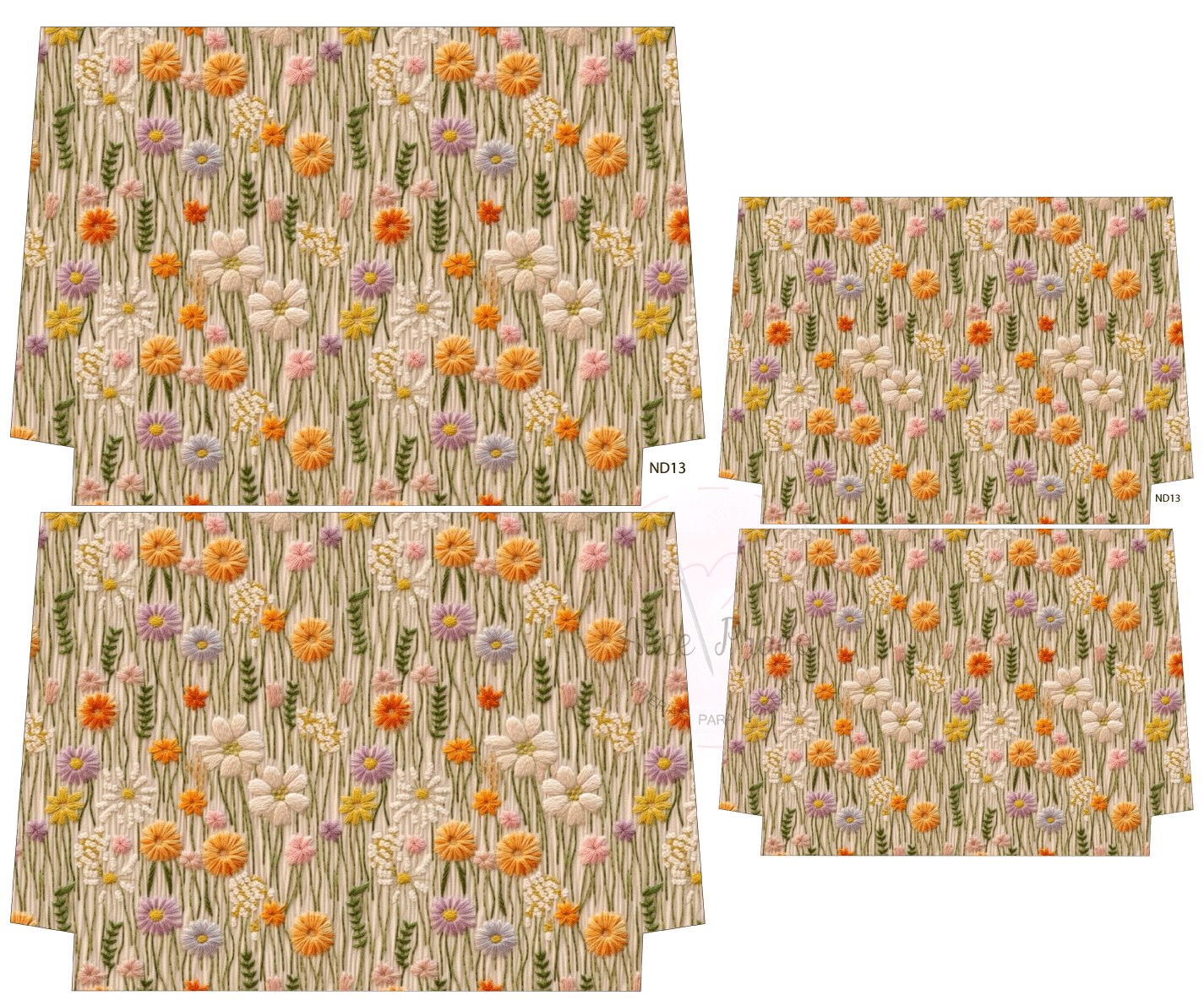 tecidos com padrão floral em tons laranja, rosa e bege em fundo bege