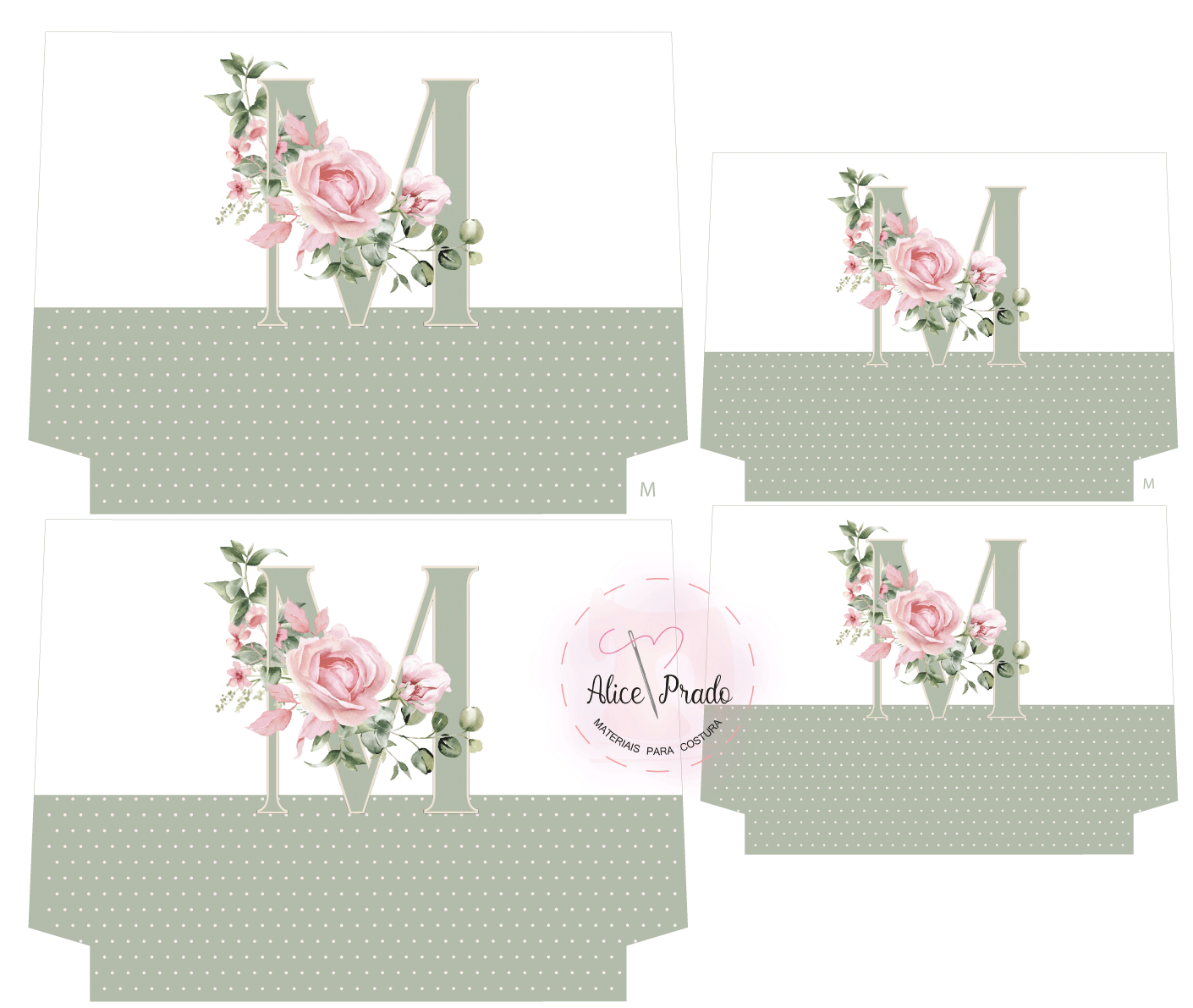 Caixas de papelão brancas com padrão verde e decoração floral e letra M