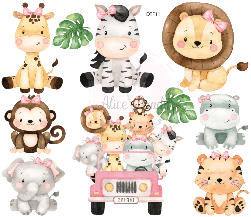 Ilustrações de animais fofos e coloridos com laços rosa, incluindo girafa, zebra, leão, macaco, hipopótamo, elefante e tigre, mais imagem de jipe cor-de-rosa com vários animais e plantas tropicais