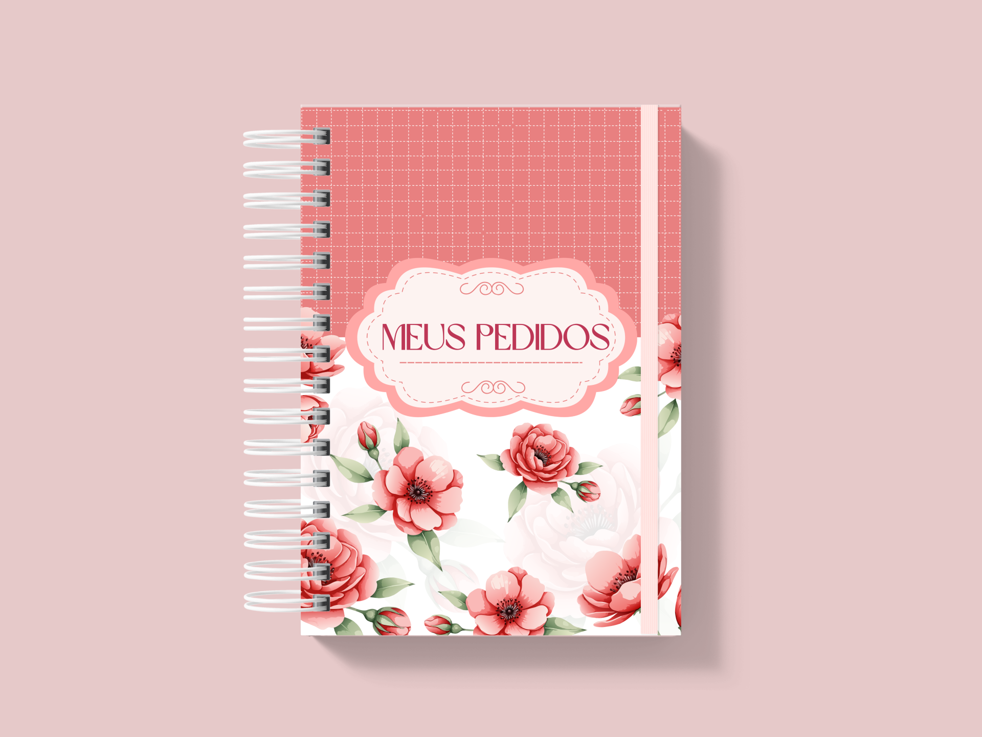 Caderno rosa com flores e texto MEUS PEDIDOS
