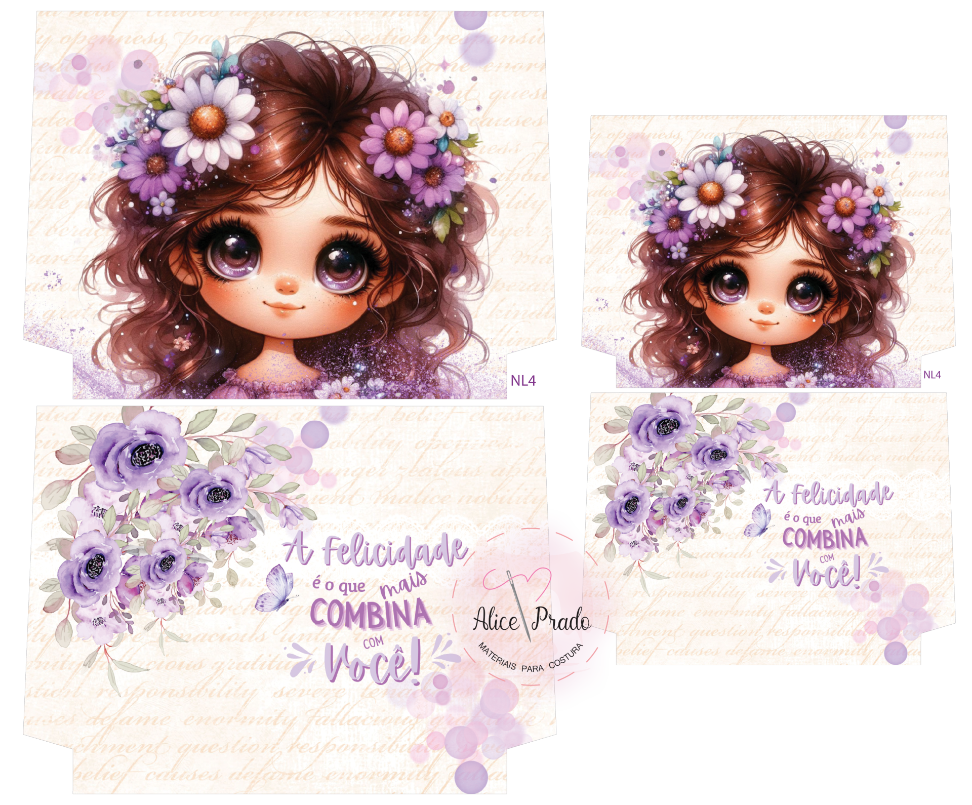 Caixa com ilustração de menina com coroa de flores e texto em português.
