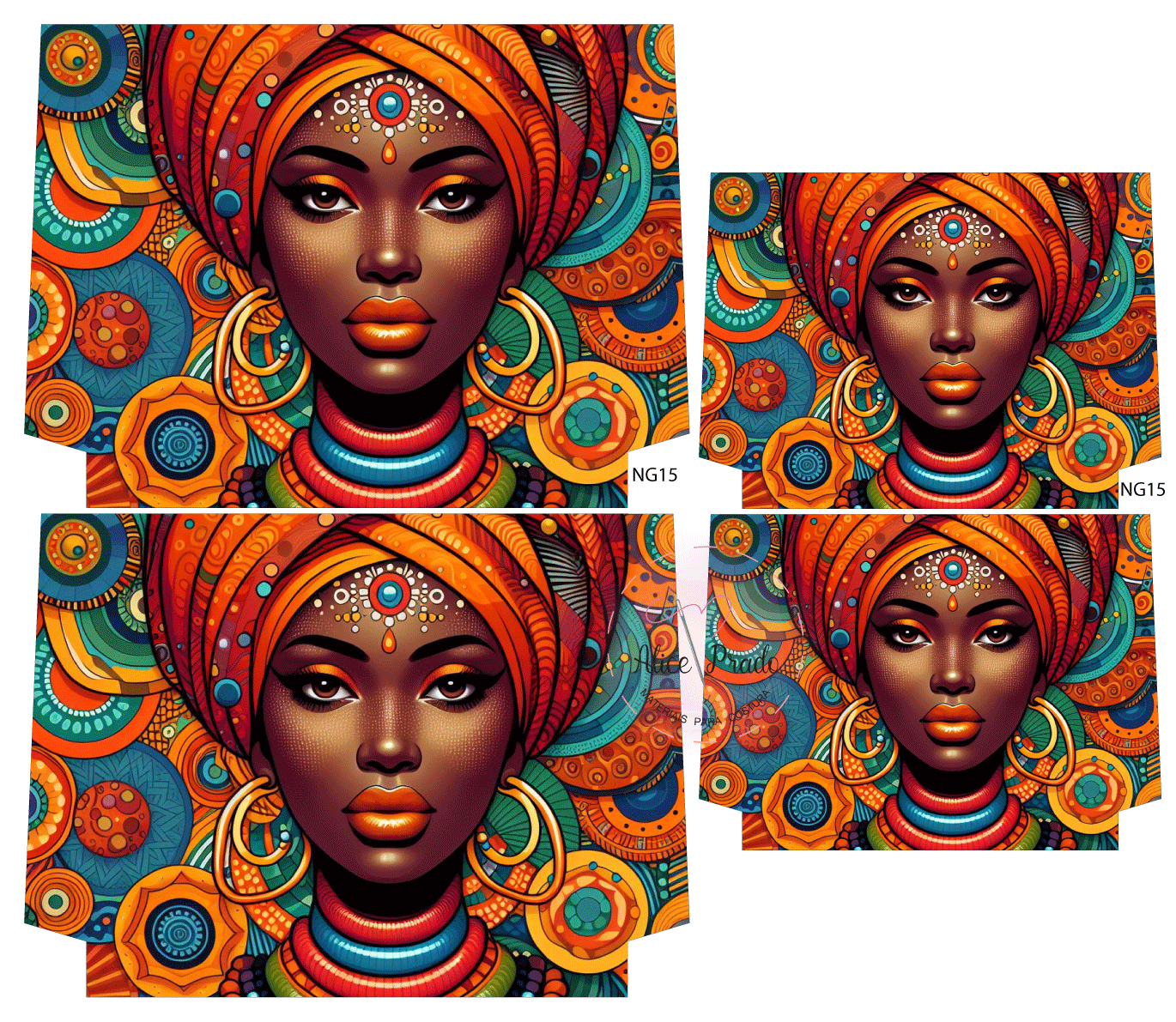 Ilustração de mulher afro com turbante laranja e azul e joias com fundo colorido