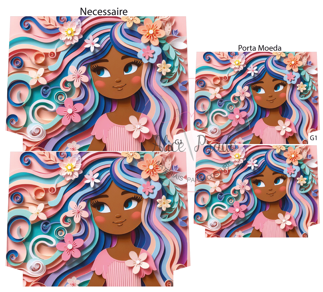 necessaire e porta-moeda com estampa de rapariga e flores coloridas