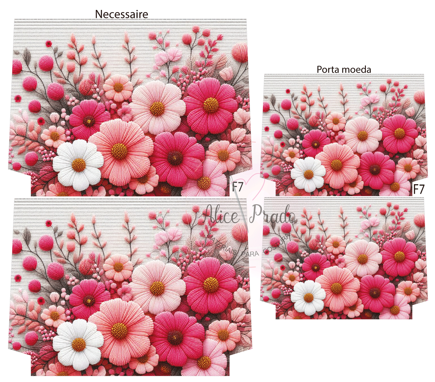 Conjunto de necessaire, carteira e porta-moeda com estampa floral em tons de rosa, branco e vermelho.