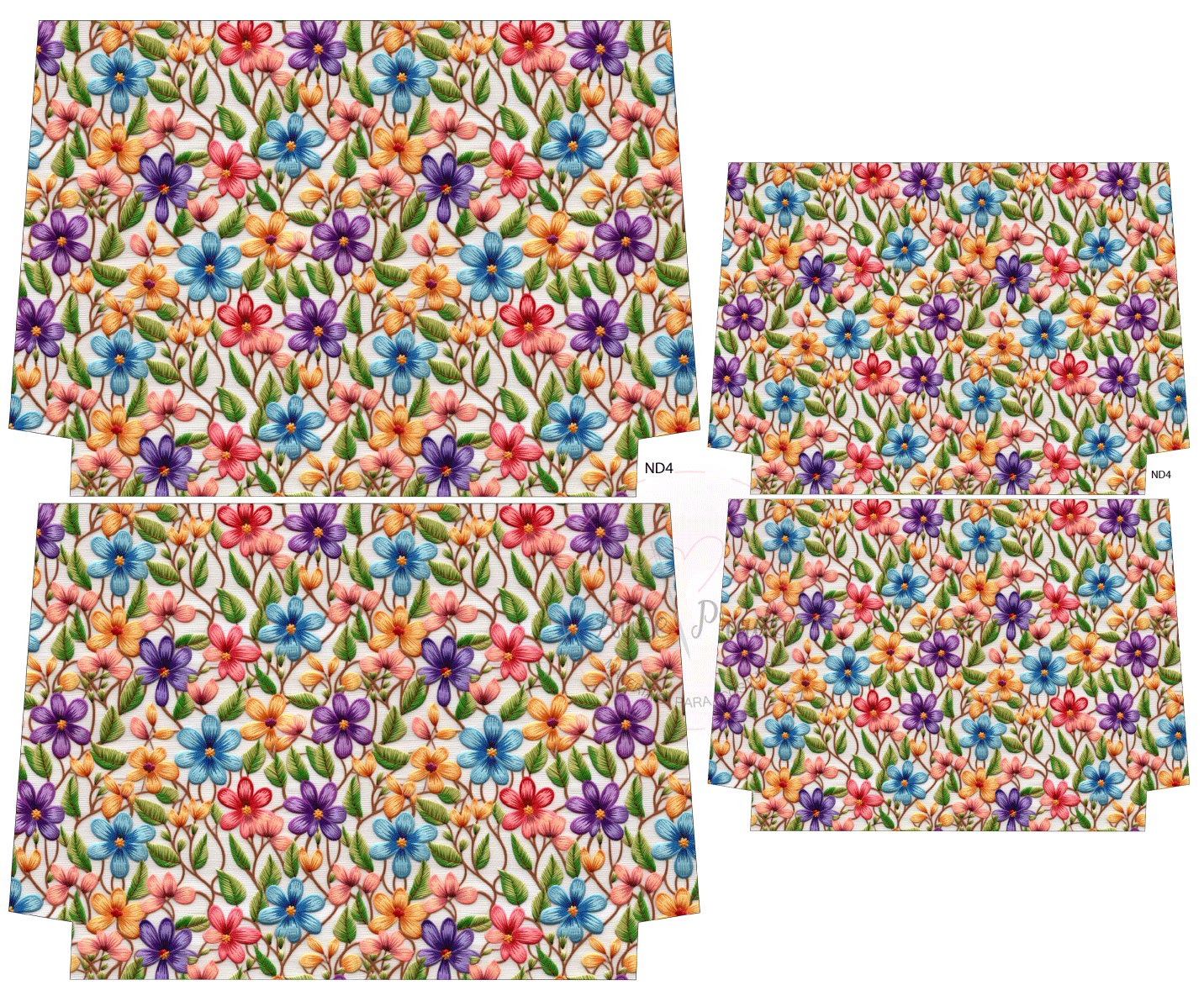 Cartões postais com padrão floral colorido e etiqueta ND4