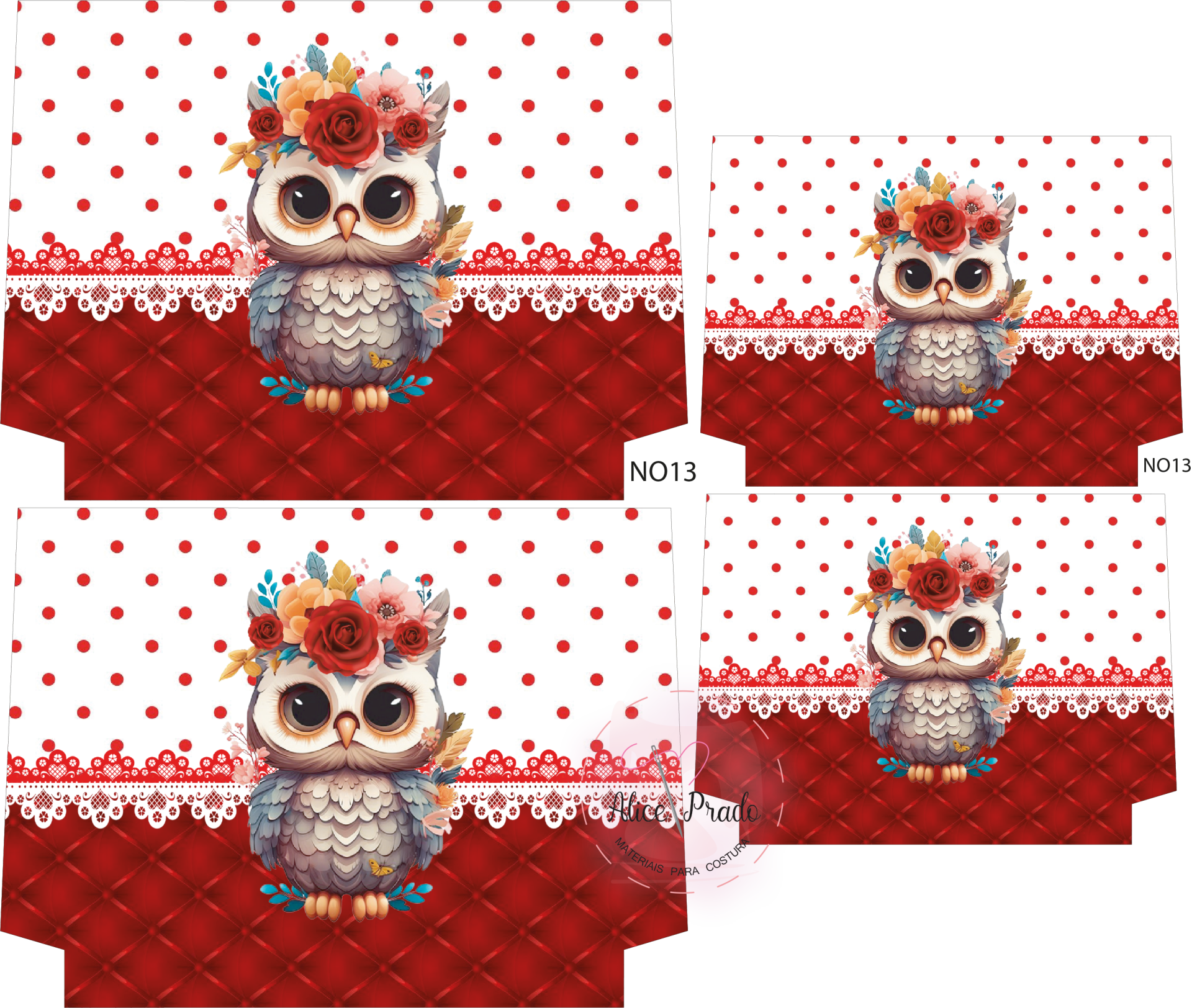 Toalhas com estampa de coruja colorida, bolinhas vermelhas e padrão vermelho acolchoado