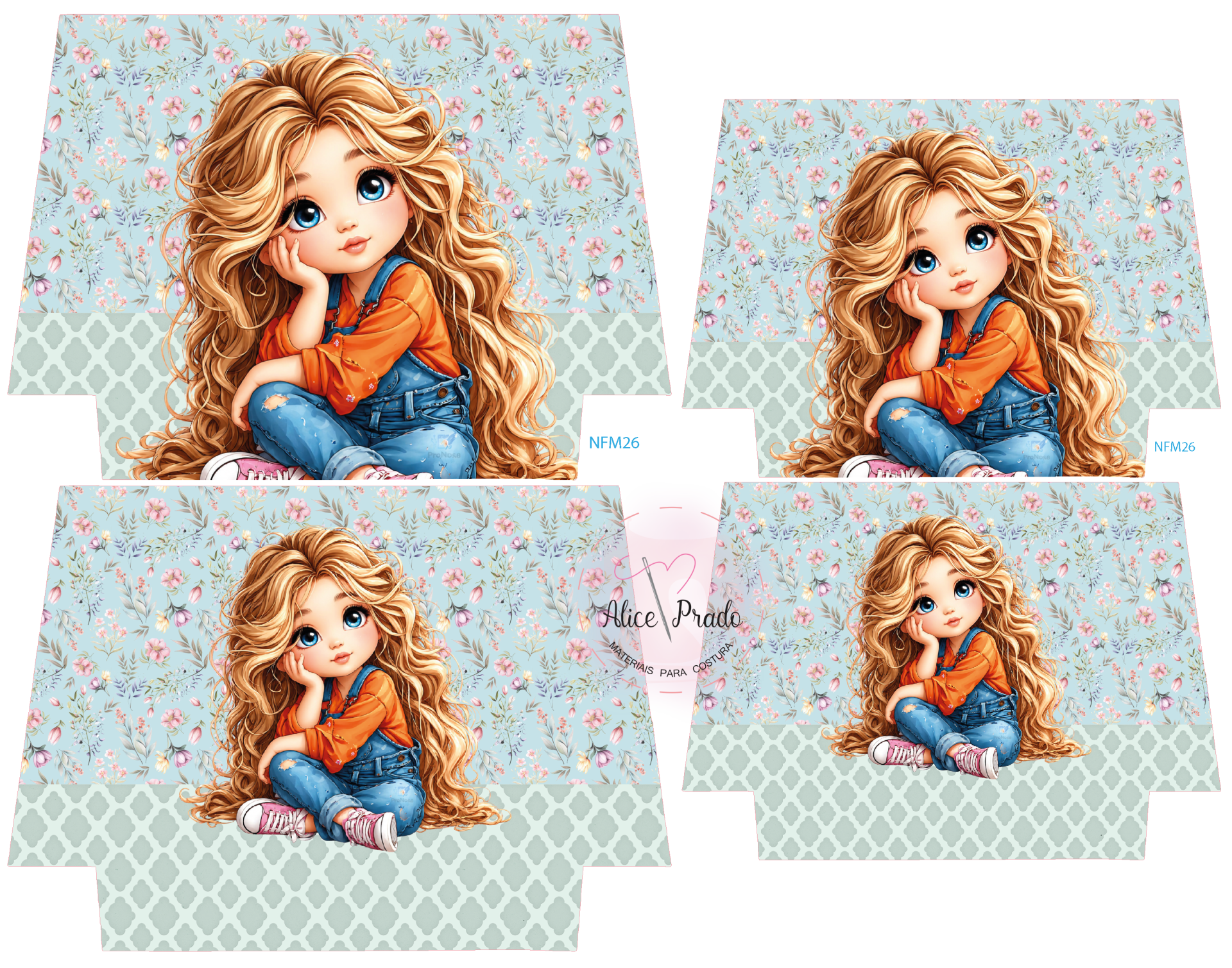 Caixa decorativa com ilustração de menina loira de olhos azuis em fundo floral azul e padrão cinza.