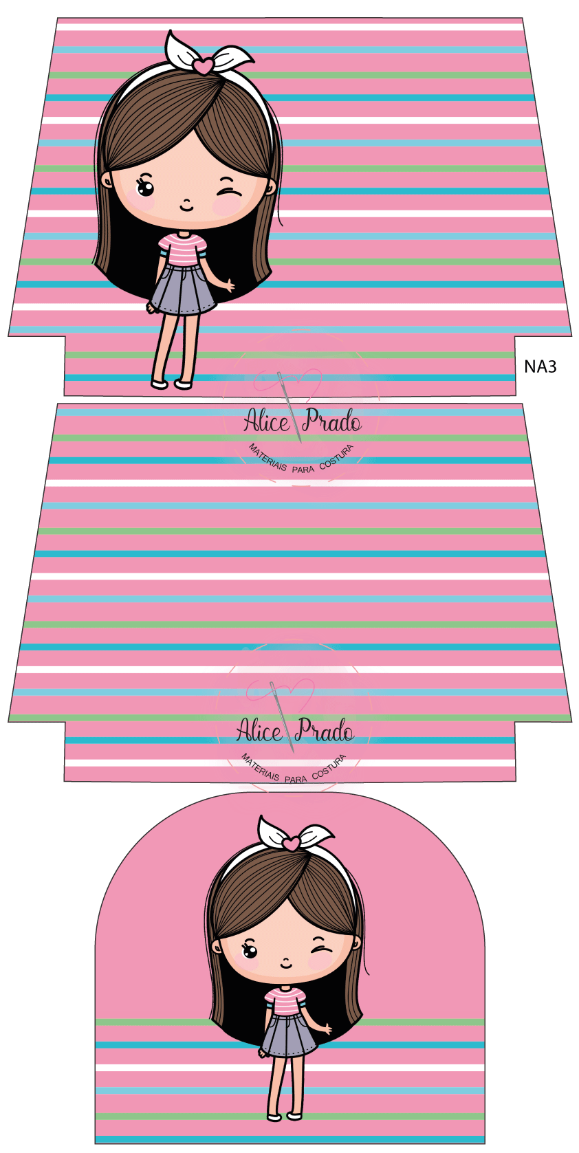 Padrão tecido riscas e menina ilustrada com texto Alice Prado