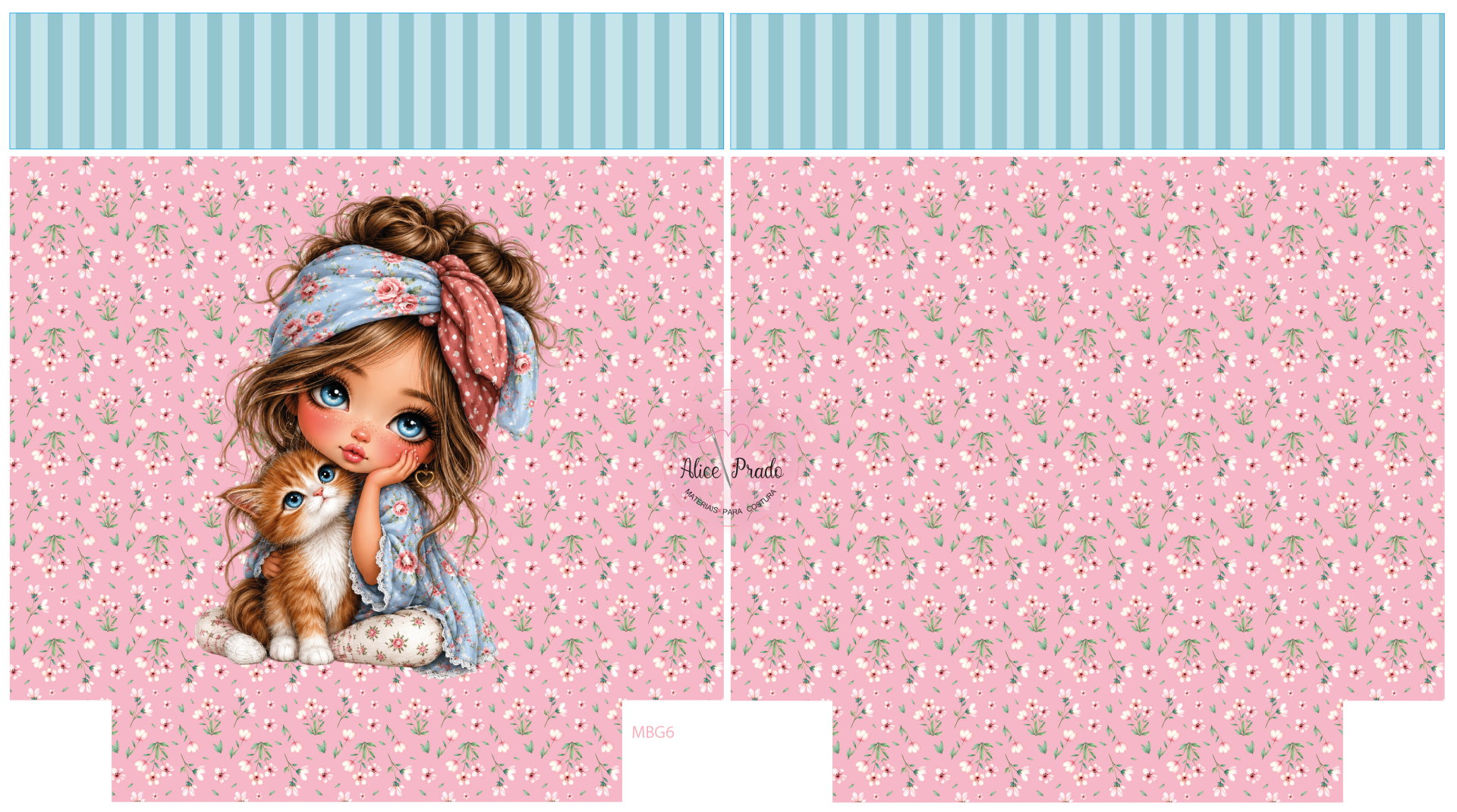 tecido estampado com menina e gato, fundo rosa com flores