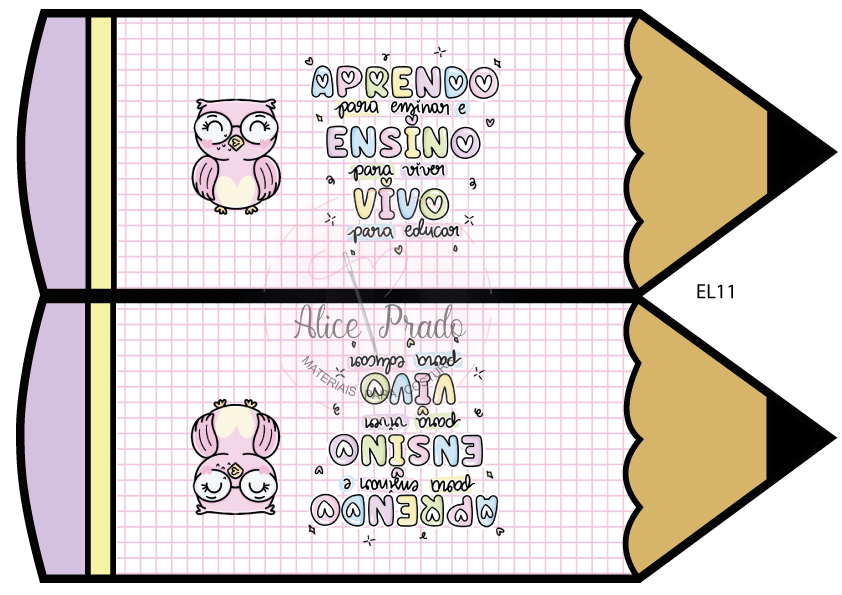 Design gráfico de corujas rosa e texto colorido sobre fundo quadriculado rosa e branco para impressão