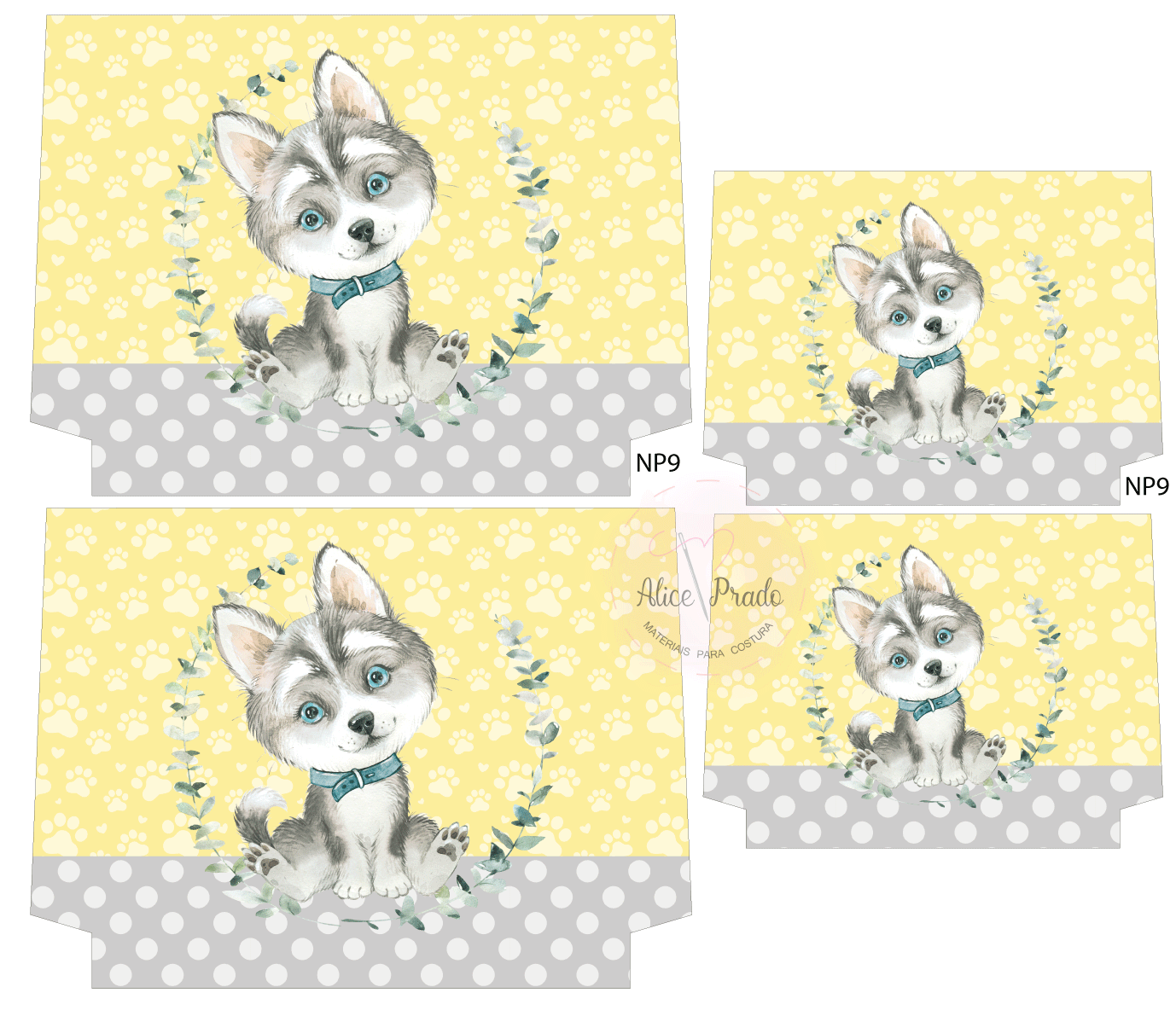 Embalagens com ilustração de cão e padrão de patas amarelo e cinza