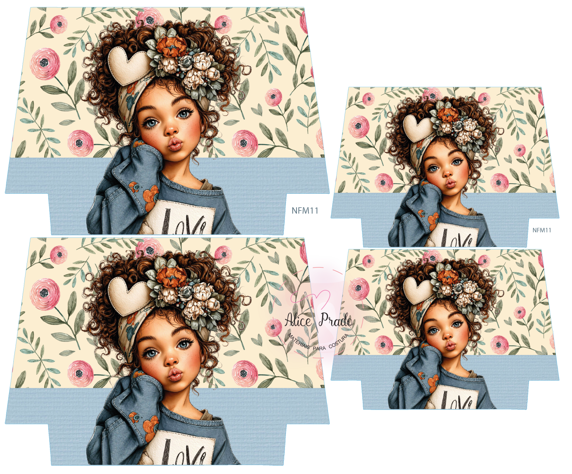 Ilustração de boneca com cabelo encaracolado, vestido azul e fundo floral