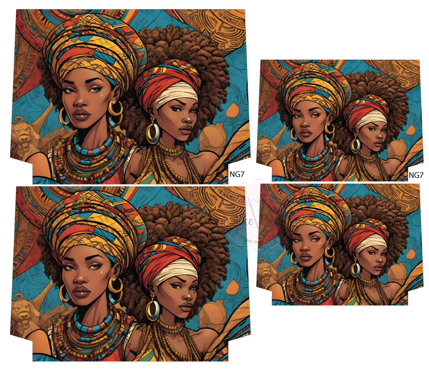 Duas mulheres com turbantes coloridos e joias, fundo azul com elementos em laranja