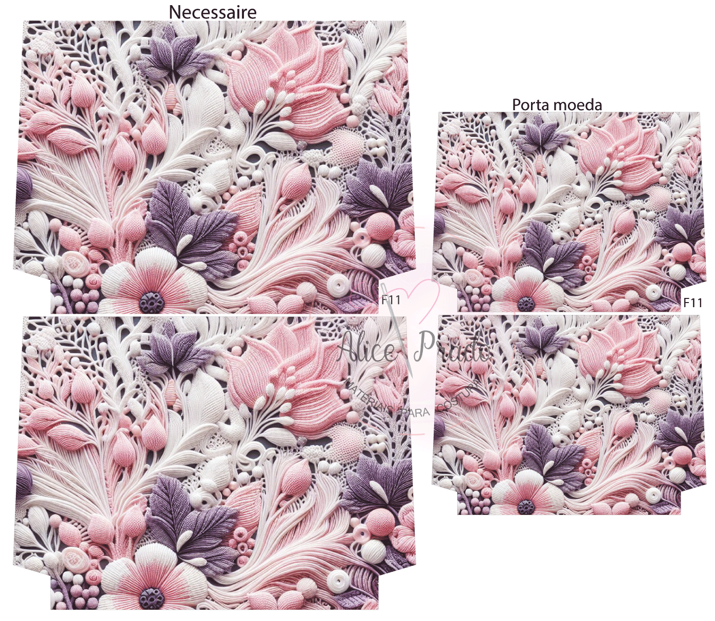 Conjunto de necessaire e porta moeda com padrão floral em tons de rosa, branco e roxo