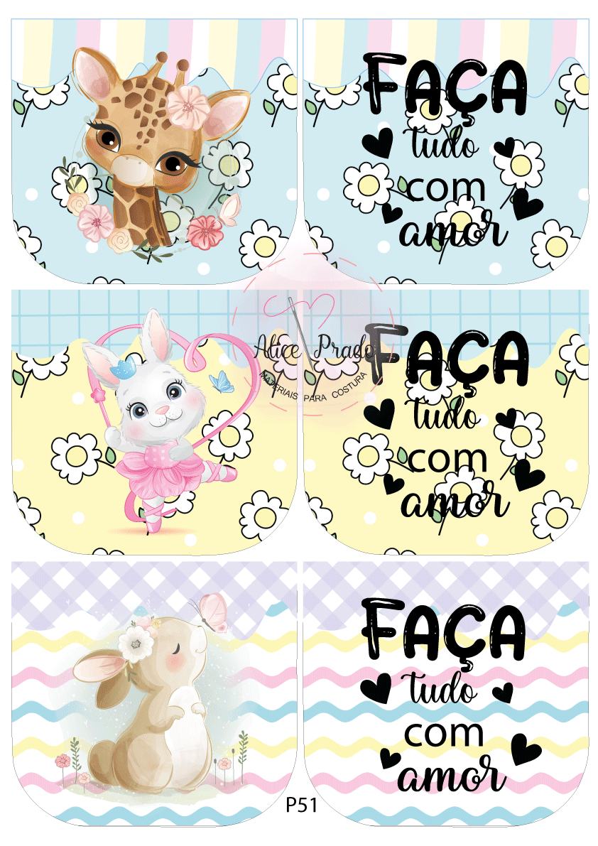 Babetes infantis com desenho de girafa, coelha bailarina e coelho, com texto FAÇA tudo com amor