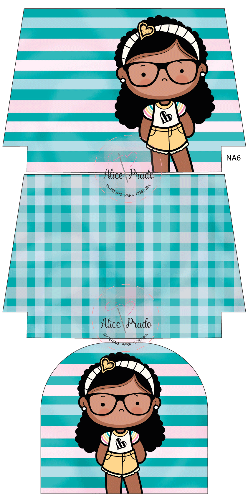 Padrão para caixa com ilustração de criança com óculos sobre fundo riscado e xadrez