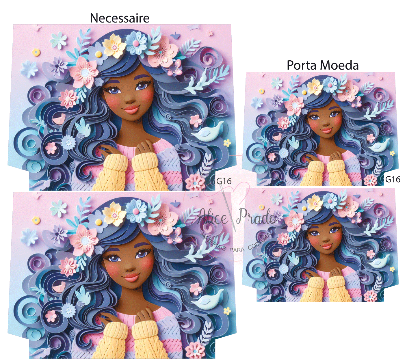 Necessaire e porta-moeda rosa e lilás com ilustração de rapariga e flores