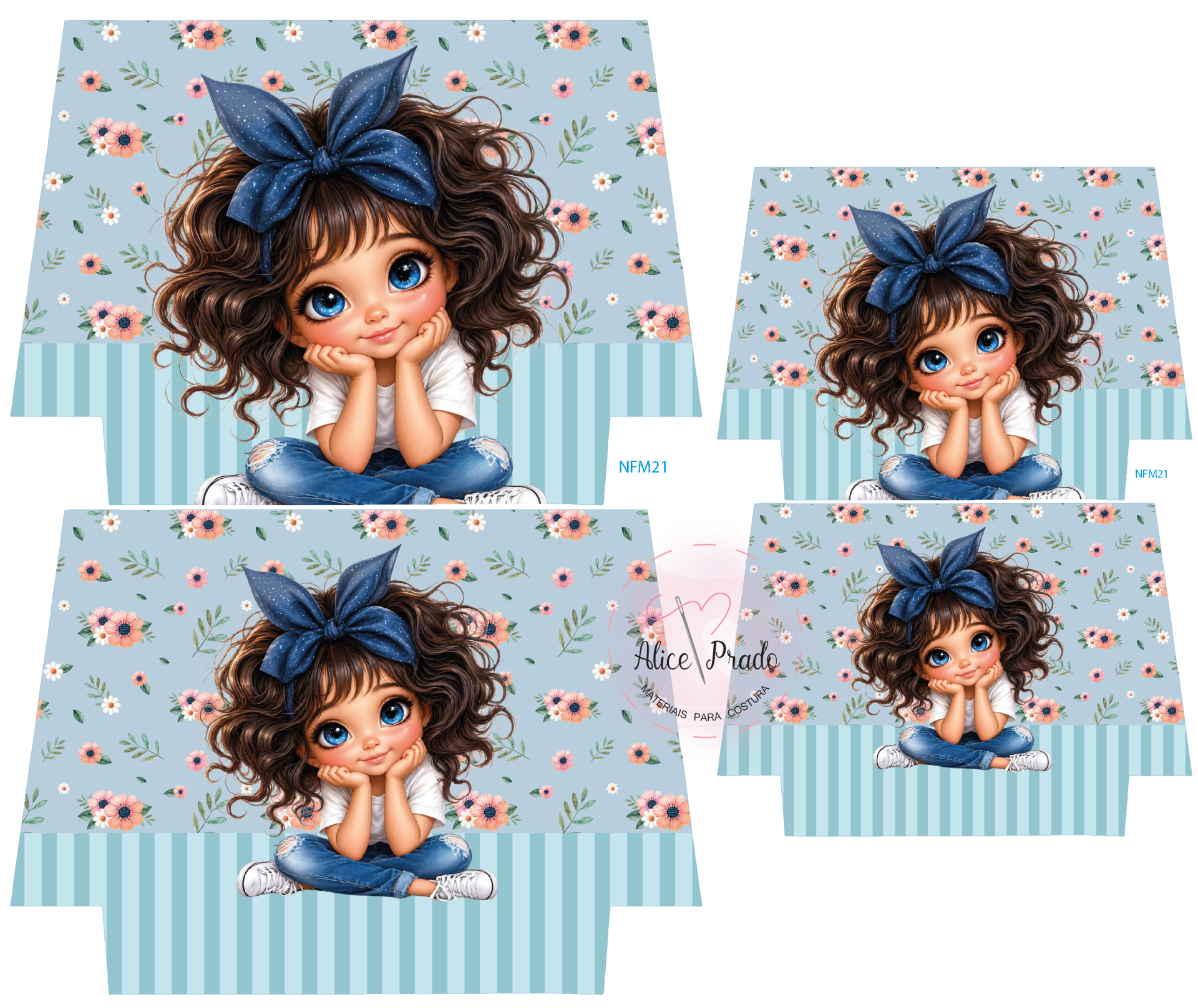 Desenho animado de criança com cabelo encaracolado, laço azul e fundo floral azul
