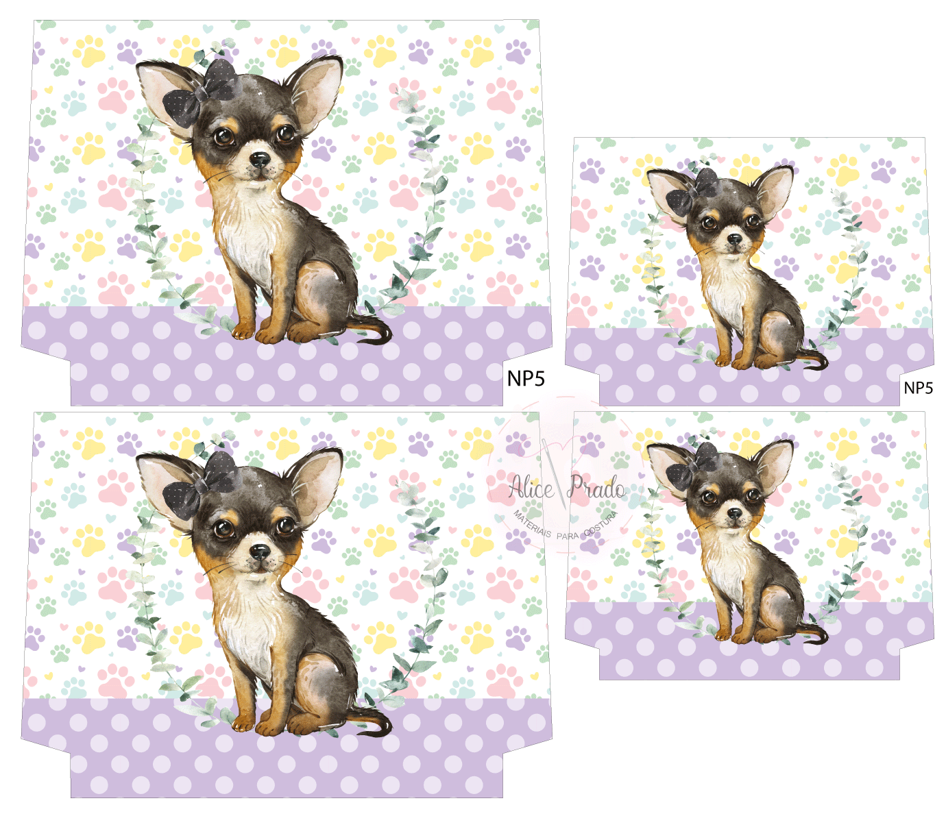 Caixa decorativa com imagem de cão Chihuahua e padrão colorido.