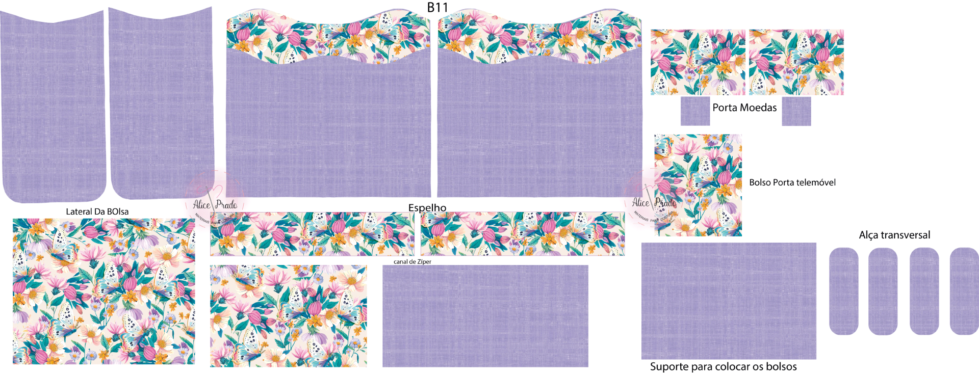 Peças de tecido com padrões florais e lilás para costura com etiquetas e texto visível