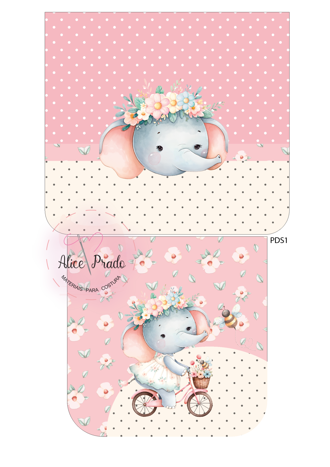 Ilustração de elefante com flores e bicicleta em fundo rosa com bolinhas