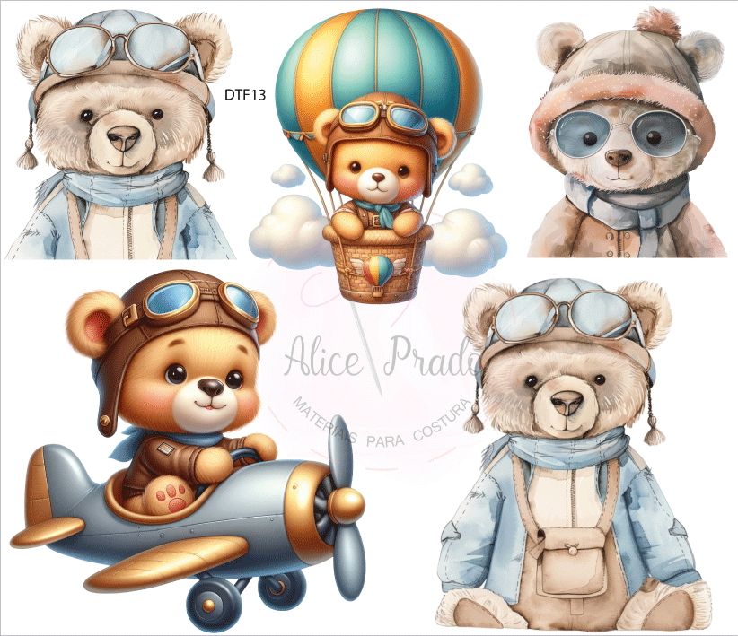 Cinco ursinhos em desenho animado com roupas e acessórios de aviador e balão colorido