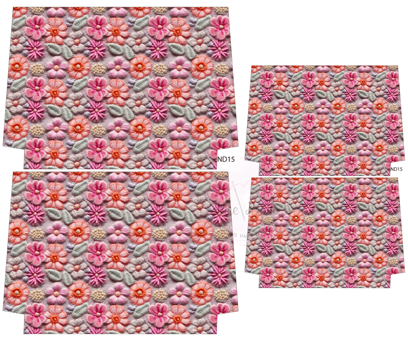 Etiqueta com padrão floral cor-de-rosa e lilás com etiqueta ND15