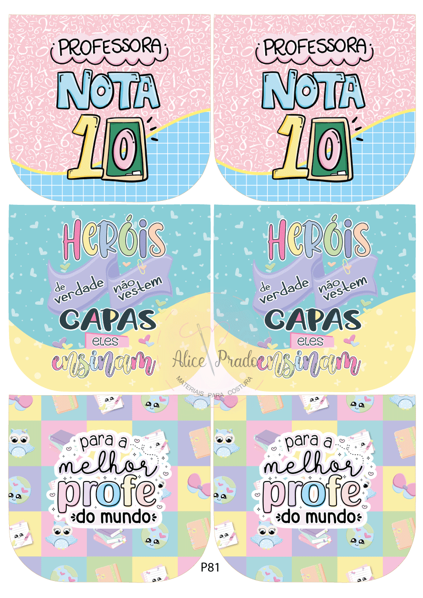 Capas coloridas para cadernos com textos para professores e padrões geométricos e de corujas