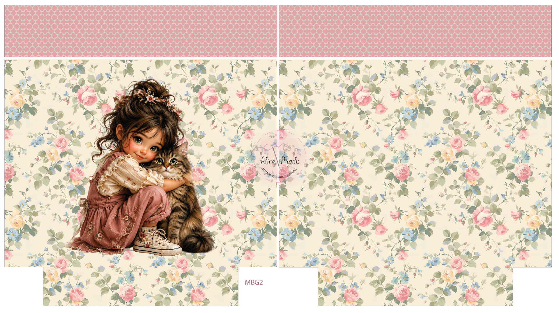 Tecido floral creme com menina a abraçar gato e texto Alice Prado