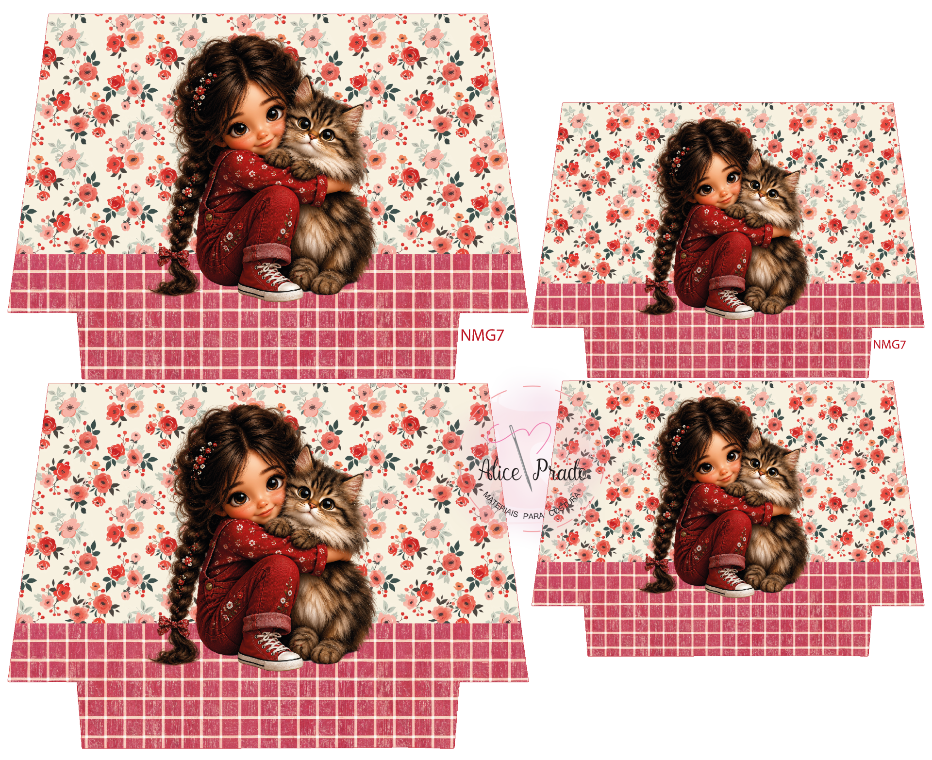 Papel estampado com menina e gato em padrão floral e xadrez
