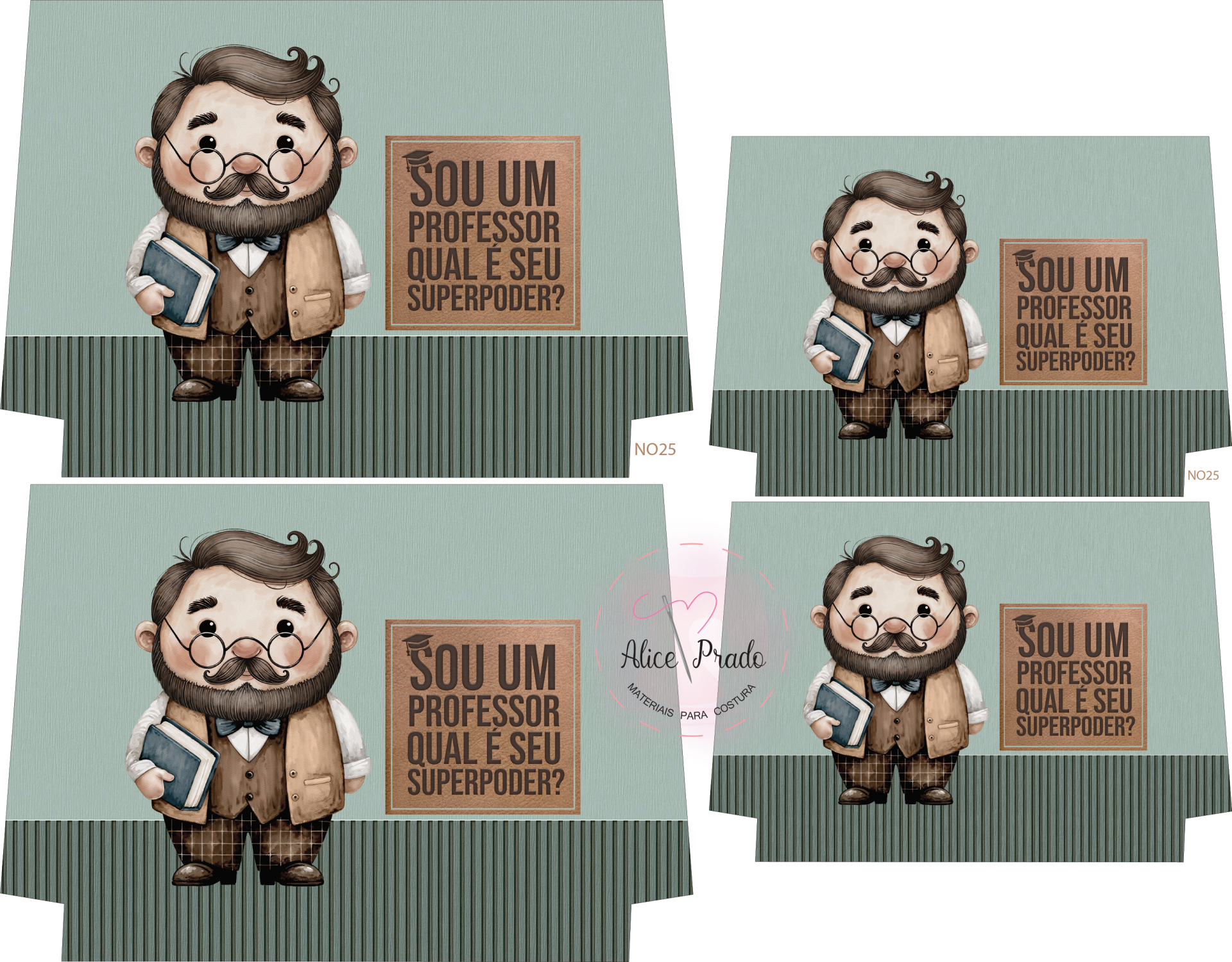 Ilustração de professor cartoon com texto 'SOU UM PROFESSOR QUAL É SEU SUPERPODER?' em embalagem