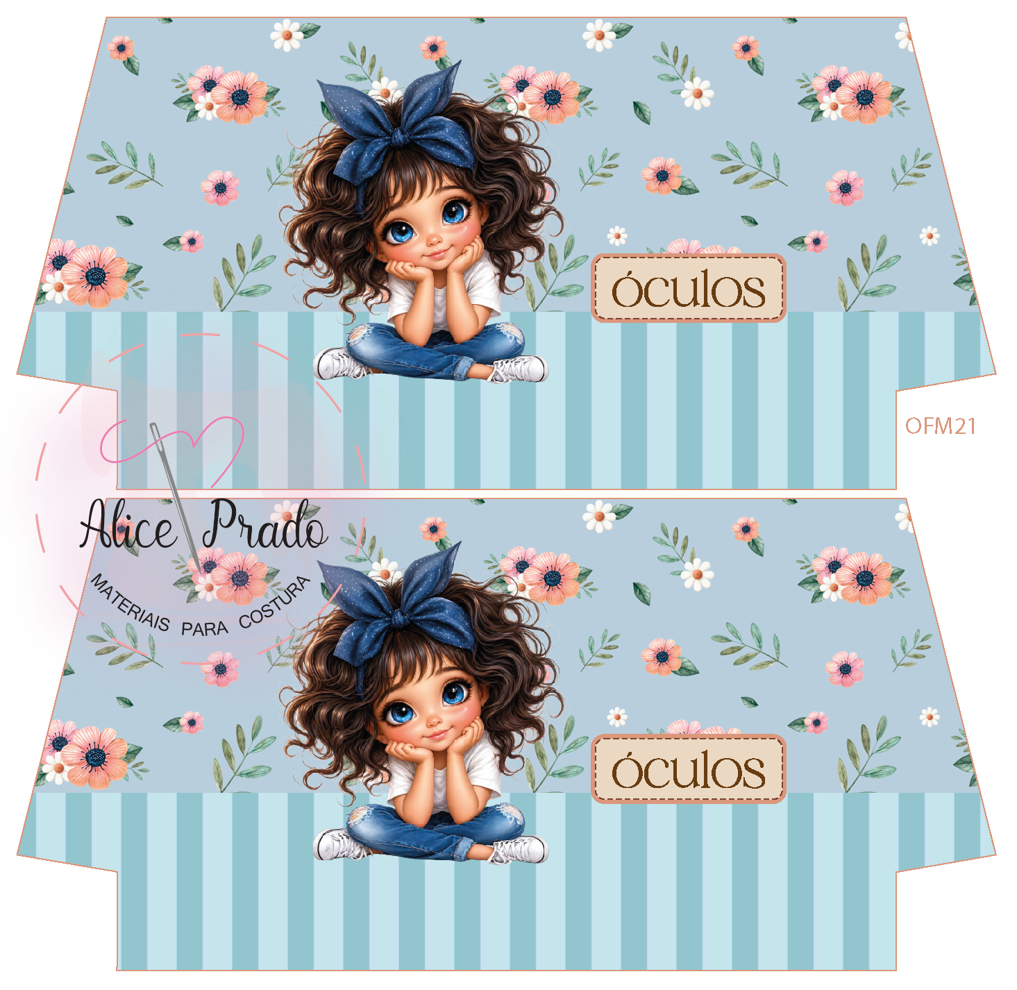 Molde para caixa floral azul com ilustração de menina e texto óculos