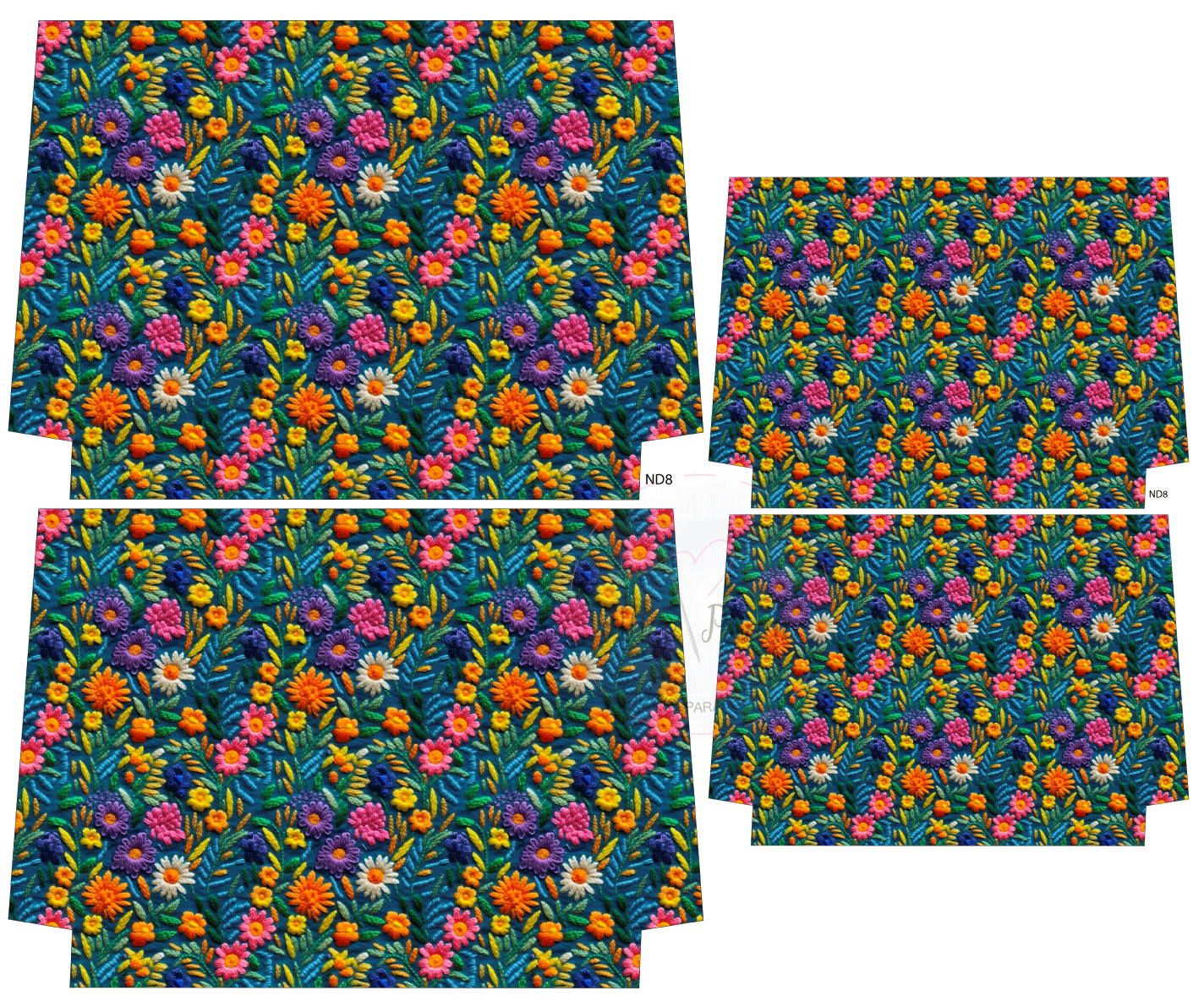 Padrões para caixas de papel com estampa floral colorida em fundo azul escuro