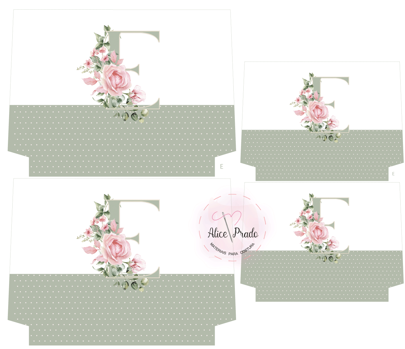 Três moldes de papel com letra F e flores rosas