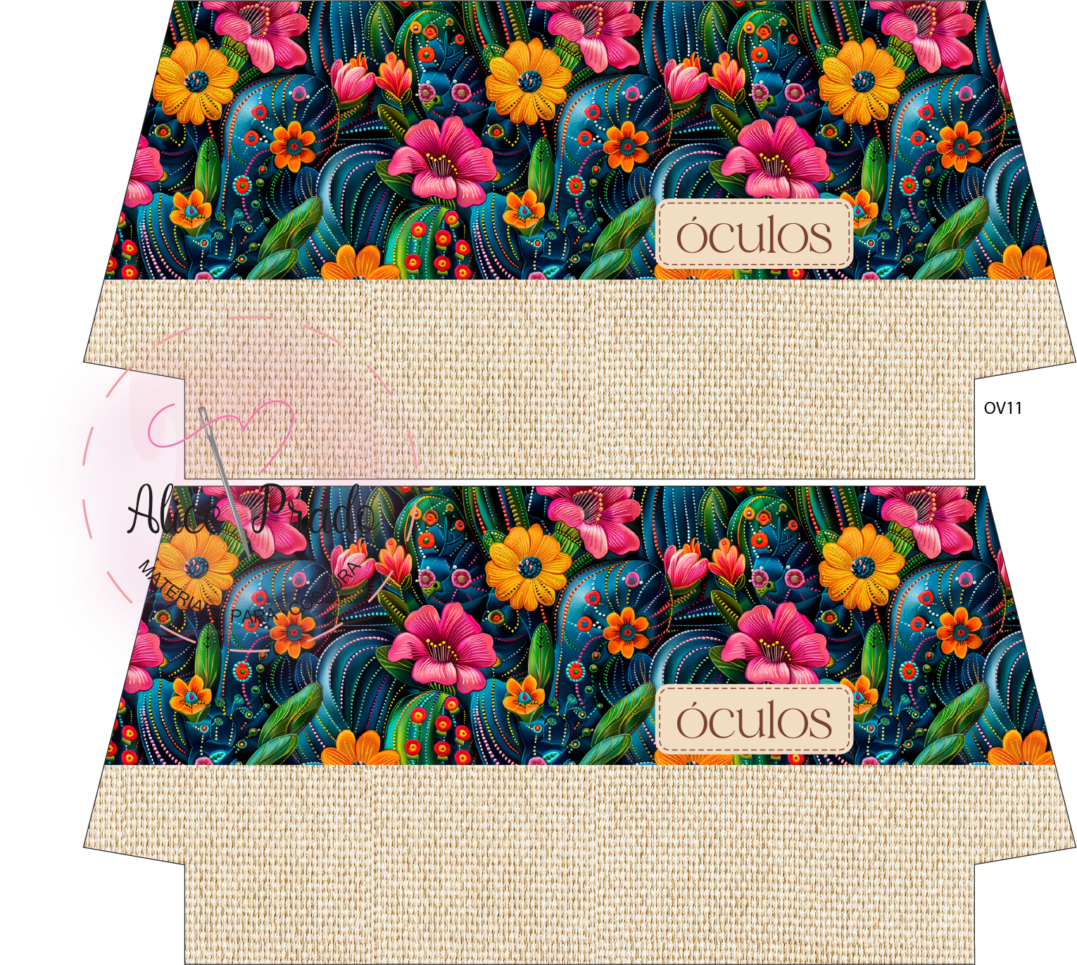 Embalagens para óculos com padrão floral colorido e textura bege de juta