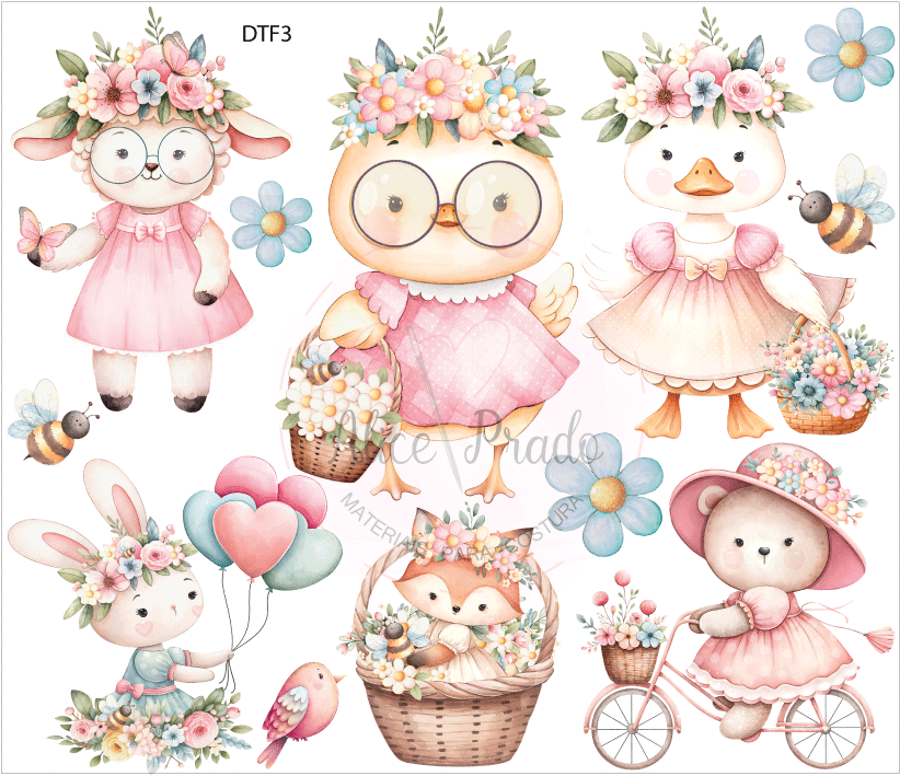 Animais bebés vestidos com roupas cor-de-rosa e flores em fundo branco