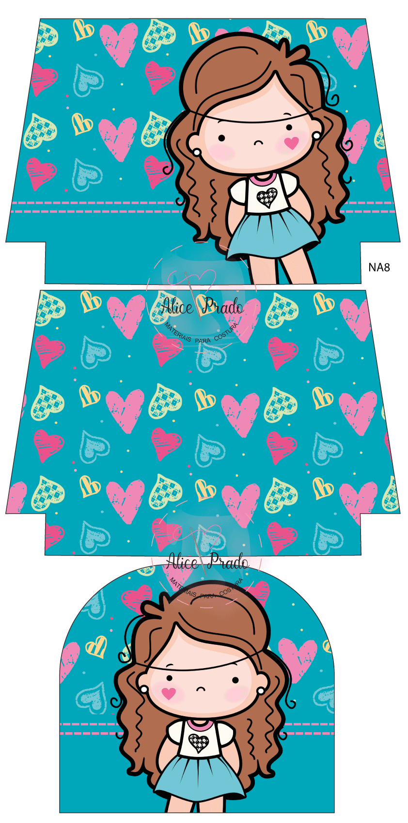 Modelo de embalagem com corações coloridos e ilustração de rapariga