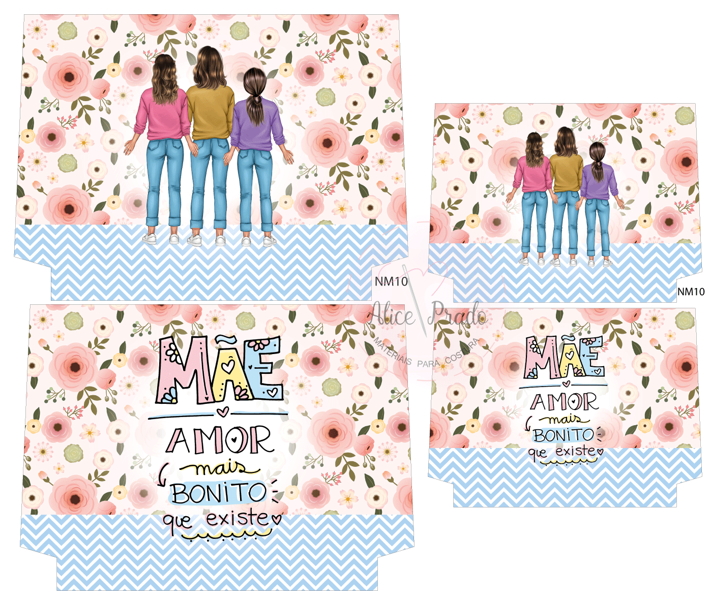 Quadro decorativo com três mulheres de costas e texto sobre mãe e amor, fundo floral rosa e padrão de ondas azul