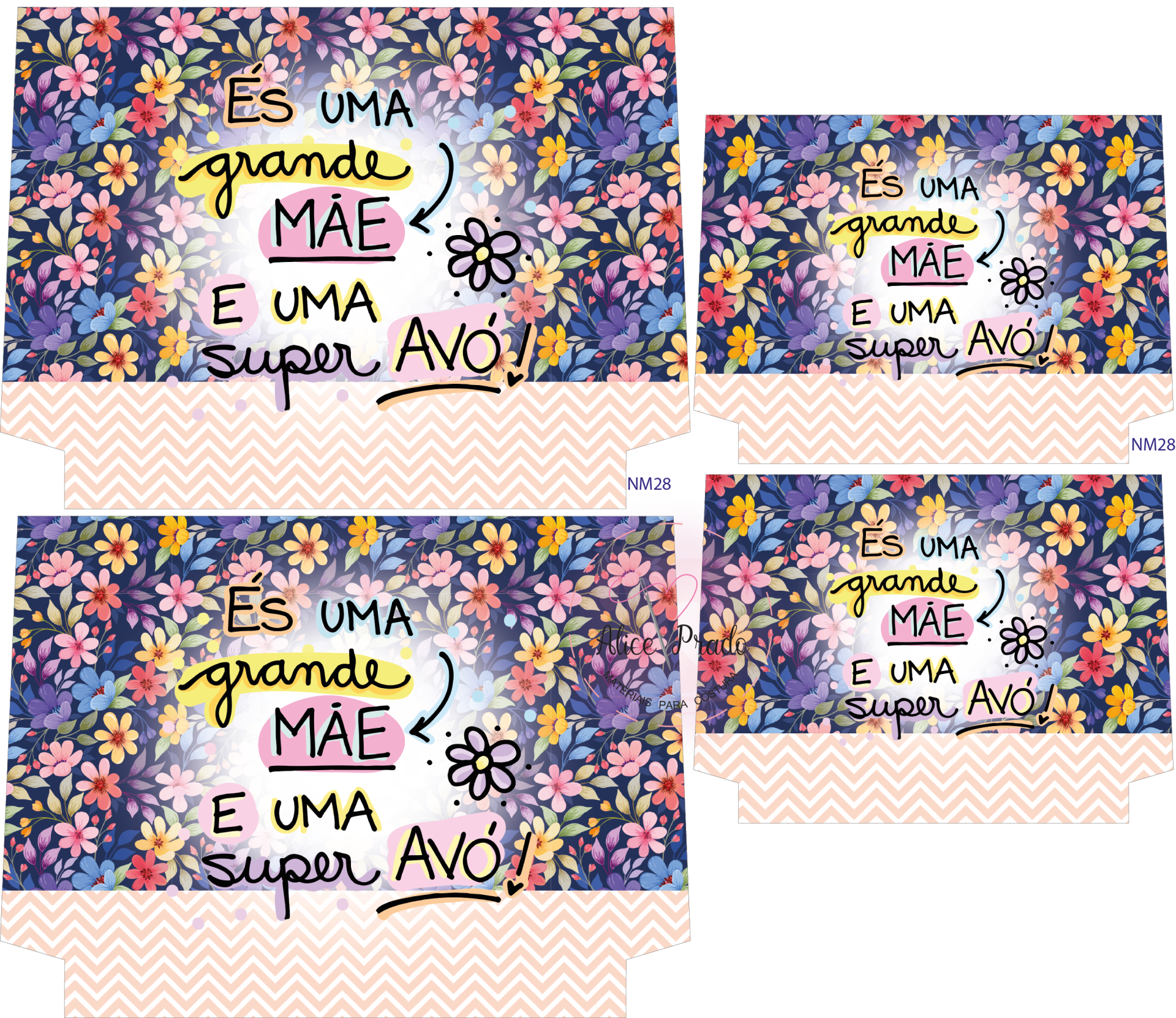 Caixa decorativa com padrão floral e texto colorido em português