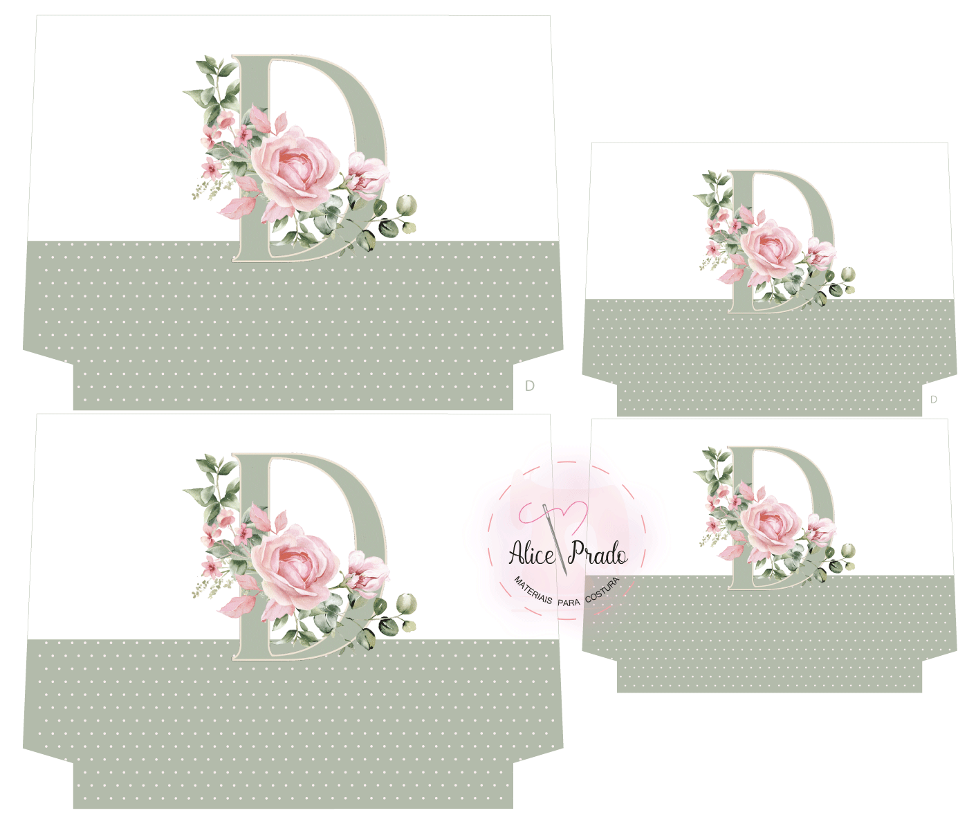 Três envelopes de papel com design floral, letra D e padrão de pontos cinza.