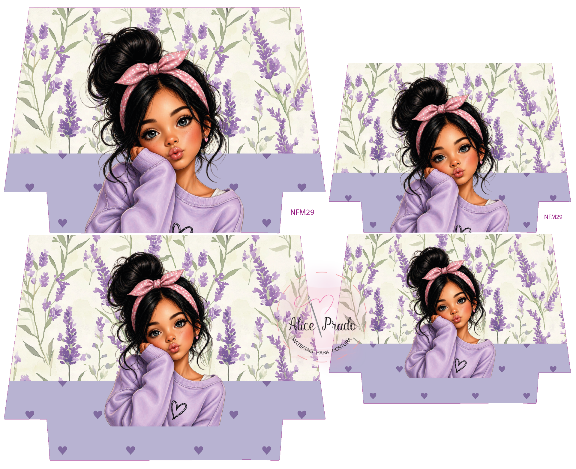 Rapazinha com laço rosa, camisola roxa, fundo floral roxo e verde, código NFM29 e texto Alice Prado