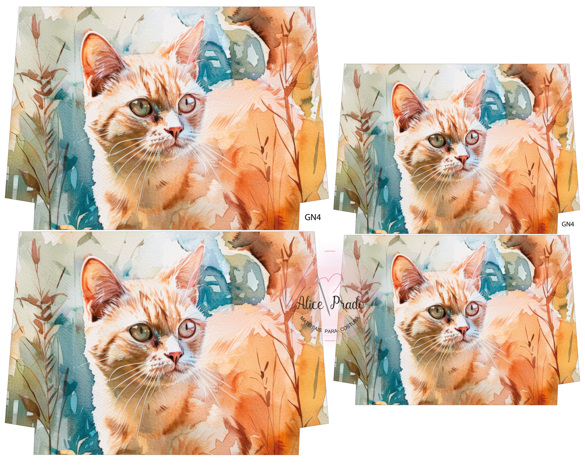 Estampa tecido gato aquarela tons laranja e azul com plantas