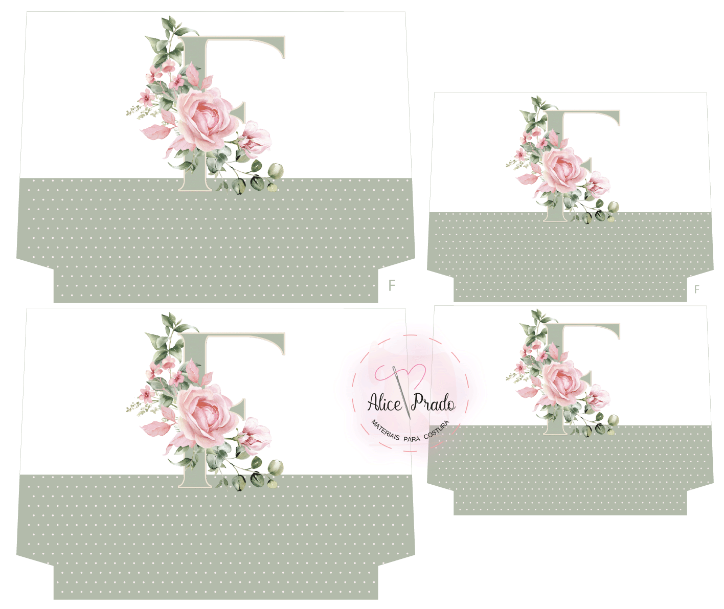 Caixas de papel decoradas com flores, letra F e nome Alice Prade.