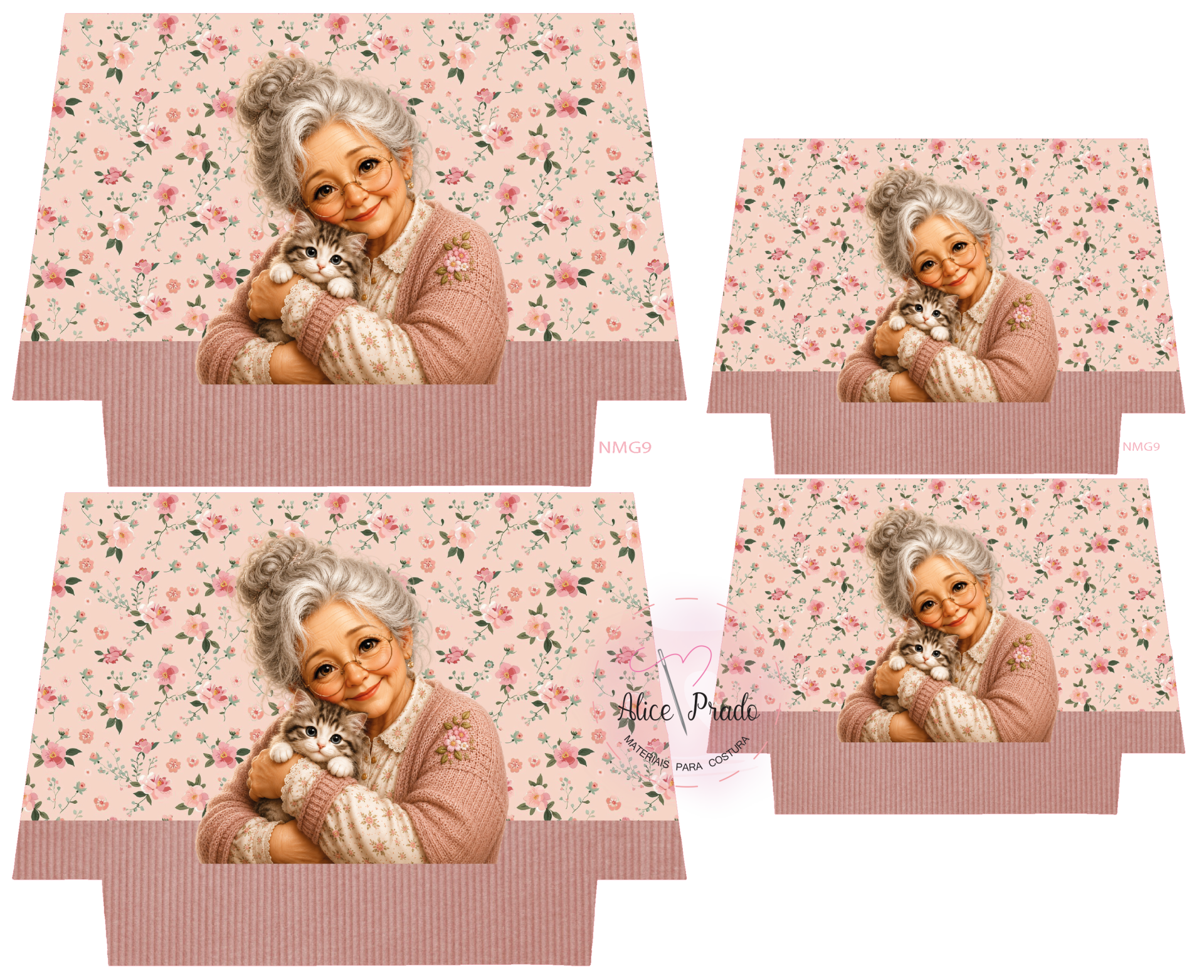 tecido com padrão floral e imagem de senhora idosa com gato
