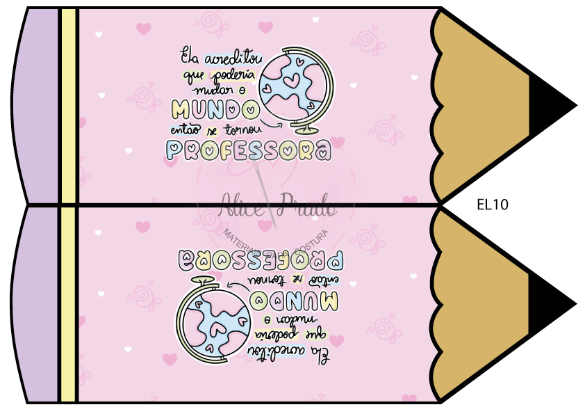 Caixa em forma de lápis cor-de-rosa com texto e ilustração de globo